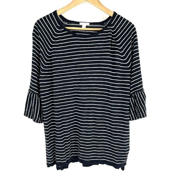 J Jill Sweater Size 1X Blue White Stripe 3/4 Ruffle Sleeve Linen Rayon Boho - Picture 1 of 9